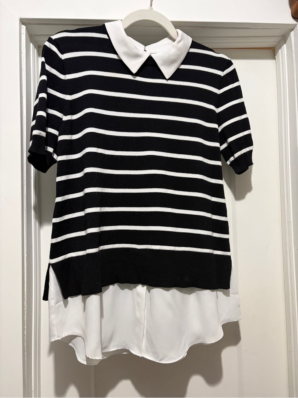 RW&CO. Black and White Striped Knit Top with White Collar